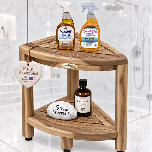 Vista 11 de Esquinero earthyteak ™. Totalmente montado. Esquinero de 2 niveles, de teca compacta. Banco de pie para ducha con estante. Almacenamiento