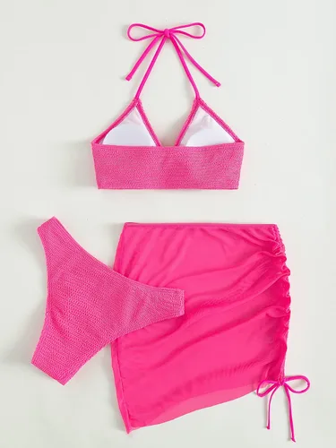 Vista 5 de MakeMeChic Traje de baño de 3 piezas para mujer con anillo halter y falda