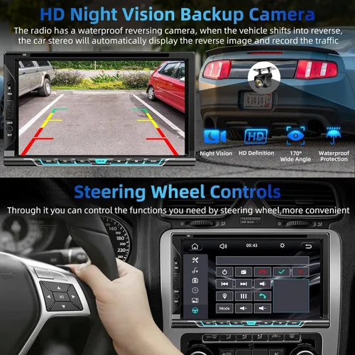 Vista 5 de Estéreo de auto doble DIN con Carplay y Android Auto, pantalla táctil HD de 7 pulgadas, compatible con reproductor de CD y DVD, Bluetooth, cámara