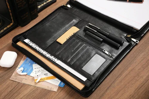 Vista 5 de Portafolio de cuero para iPad Pro/Air de 13/12.9/11 pulgadas, soporte de cuero grabado con soporte para iPad para bloc de notas tamaño carta Negro