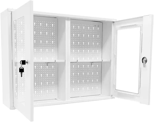 Vista 10 de JZD Gabinete de primeros auxilios de pared de metal con cerradura, caja de medicina con ventana acrílica bloqueable (no de vidrio), incluye 2