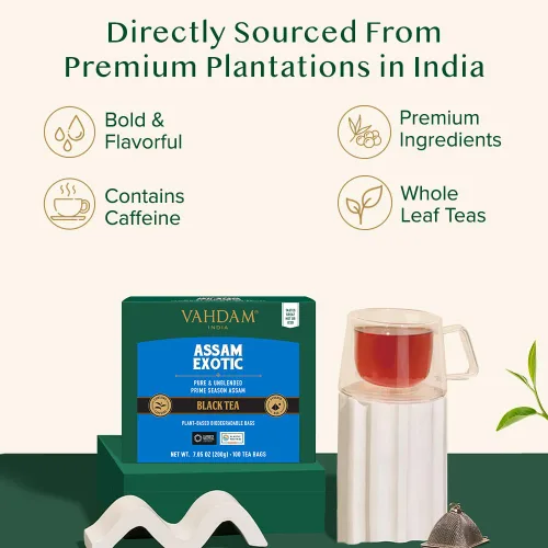 Vista 3 de VAHDAM - Bolsas de té negro Assam (100 unidades) con alto contenido de cafeína, sin gluten, bolsas de té de hojas sueltas enteras Fuertes