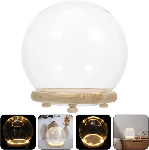 Vista 6 de EXCEART Cúpula de cristal con base de madera de 4 pulgadas transparente para decoración del hogar con contenedor de flores preservadas con luz LED