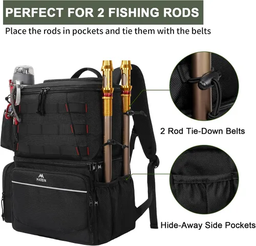 Vista 4 de MATEIN Mochila para Pesca, Bolsa de Equipo de Pesca Resistente al Agua con Soportes para Caña de Pescar y Enfriador, Regalos de Equipo para Hombres