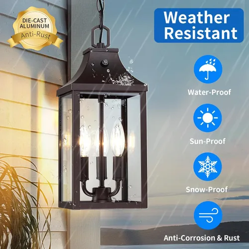 Vista 4 de Lámpara colgante grande de 15.5 pulgadas para exteriores, 3 luces, del atardecer al amanecer, lámpara colgante para exteriores, lámpara colgante