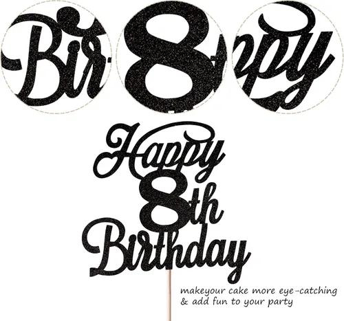 Vista 2 de Rsstarxi 1 paquete de decoración para tarta de cumpleaños 8 con purpurina negra de 8 años y fabulosos saludos a 8 años de edad, para celebrar el 8º
