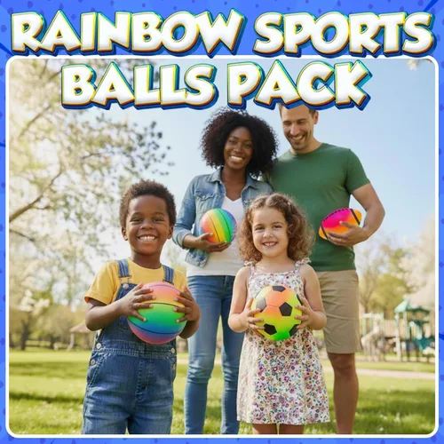 Vista 5 de Conjunto de pelotas deportivas PlayBolt (paquete de 4, 12.7 cm) - Mini baloncesto arcoíris, fútbol, fútbol americano y pelotas de patio con bomba
