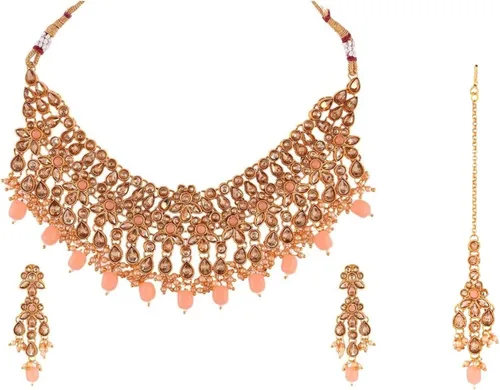 Vista 5 de Efulgenz Indian Jewelry Choker Necklace Maang Tikka Earrings Bollywood Wedding Crystal Kundan Necklace Earrings Head Chain Set