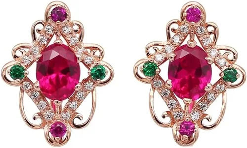 Vista 6 de SAGEKING 2024 New 585 Purple Gold Plated 14K Rose Gold Green Crystal Inlaid Exquisite Rhombus Ruby Earrings For Women Luxury New Wedding Jewelry