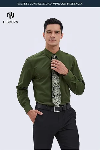 Vista 7 de HISDERN Mens Dress Shirt with Tie Pocket Square Set Classic Button Down Shirt Matching Tie Long Sleeve Shirts 08-verde