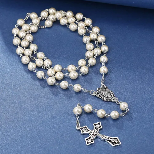 Vista 3 de Collar de rosario con cuentas de perlas católicas, medalla milagrosa y rosario de cruz para mujer