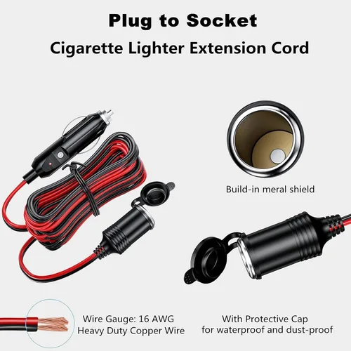 Vista 4 de KEWIG - Cable de extensión para encendedor de cigarrillos de coche de 12/24 V, 4.9 pies, 16 AWG Auto DC Power Plug Connector Heavy Duty Cigarette
