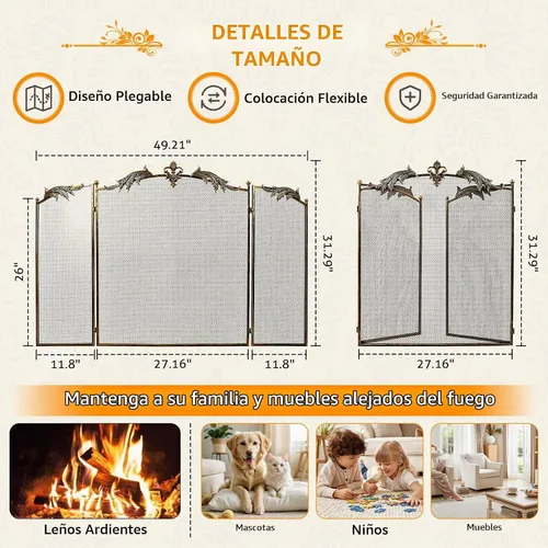 Vista 2 de WICHEMI Pantalla de Chimenea de 3 Paneles Plegable Pantallas de Chimenea 50.4 x 32.3 Pulgadas Metal Protectores de Chimenea Cubierta de Malla Prueba