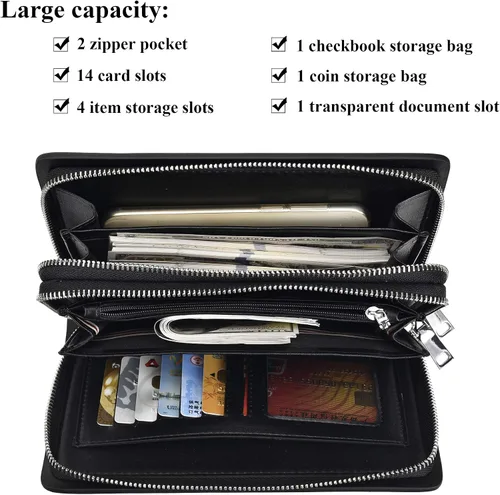 Vista 4 de Bolso de mano para hombre, de piel auténtica, cartera larga, tarjetero