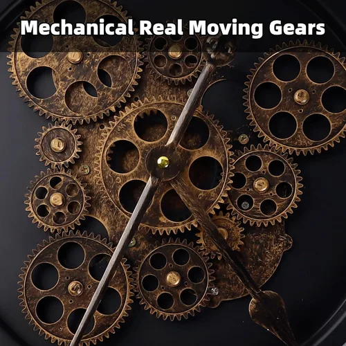 Vista 3 de Reloj de pared digital grande de 24 pulgadas con engranajes móviles reales, reloj redondo silencioso de metal industrial vintage para dormitorio