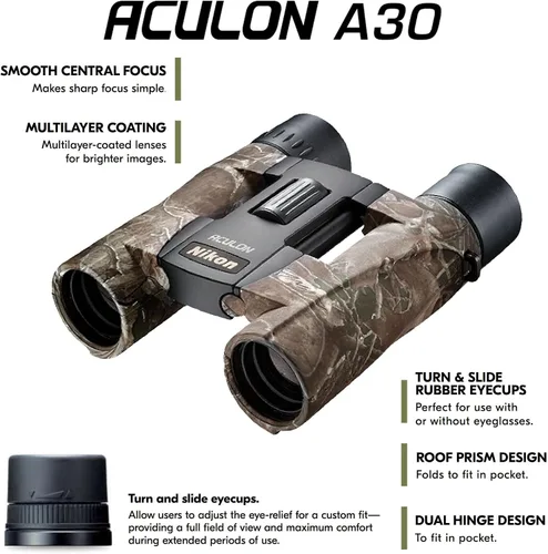 Vista 6 de Nikon ACULON A30 10x25 Compact Binoculars - Lightweight Dual-Hinge Design, Multilayer-Coated Lenses, Smooth Central Focus, Ergonomic Grip for