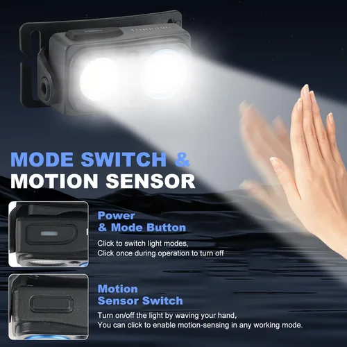 Vista 2 de Linterna frontal LED recargable, 1000 lm con sensor de movimiento, foco e reflector, inclinación de 90°, batería reflectante, IPX4 impermeable