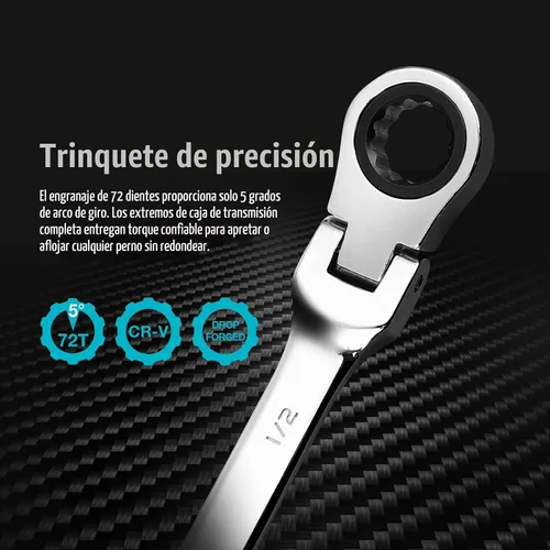 Vista 4 de DURATECH Llave combinada de trinquete de cabeza flexible de 1/2" SAE, 72 dientes, acero CR-V