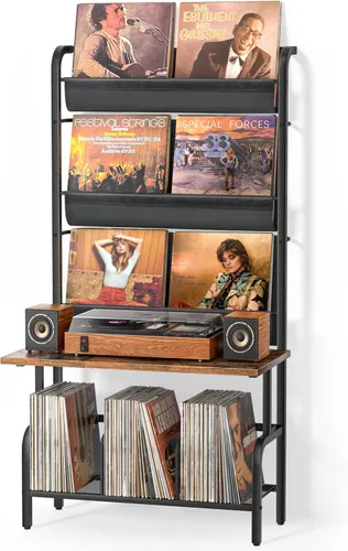 Vista 10 de Soporte para tocadiscos con almacenamiento de vinilos para hasta 200 álbumes, soporte para tocadiscos con estante de exhibición para discos Negro
