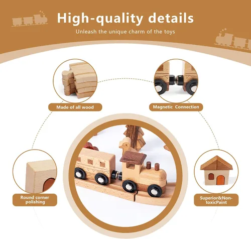 Vista 3 de Juego de tren de madera Montessori juguetes para niños fomentan el juego imaginativo y las habilidades motoras finas, pistas de tren de doble cara