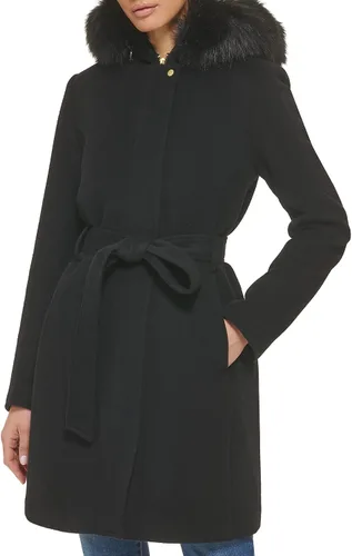 Vista 5 de Cole Haan Abrigo con capucha para mujer de lana con ribete de piel sintética desmontable