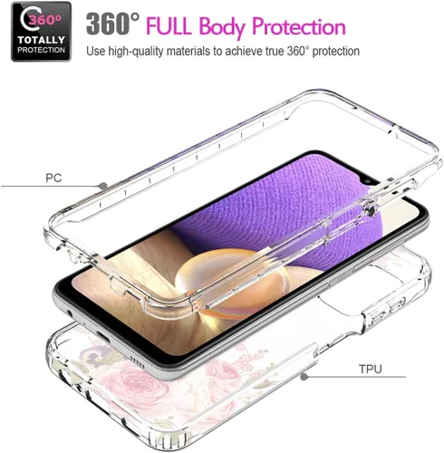 Vista 3 de Funda para Galaxy A32 5G/M32 5G SM-A326 con protector de pantalla de vidrio templado, cuerpo completo, transparente, flexible, con diseño floral