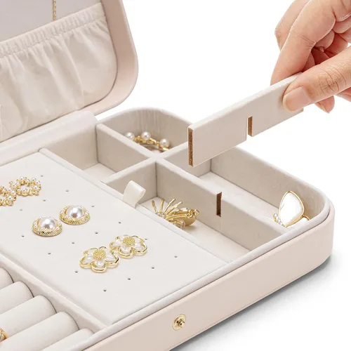 Vista 6 de Vlando Joyero de viaje para mujer, organizador de joyas de cuero portátil, para collares, aretes, anillos, pulseras, tamaño pequeño, regalos