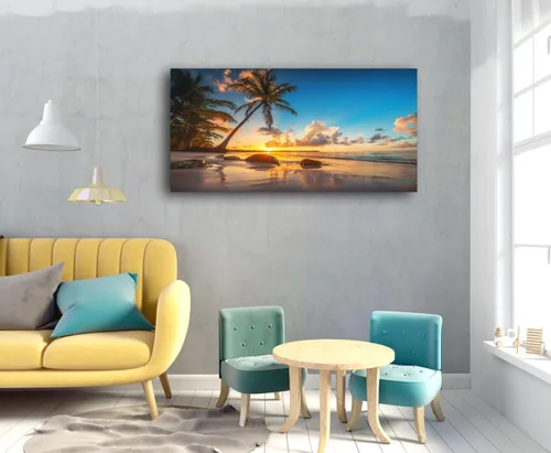 Vista 6 de Aibonnly - Pintura en lienzo de arte de pared, atardecer en una playa tropical con palmeras, 1 pieza, cielo azul, océano, vista al mar, póster
