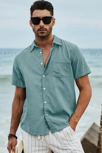 Vista 125 de JMIERR Camisas de vestir a rayas con botones y manga corta para hombre