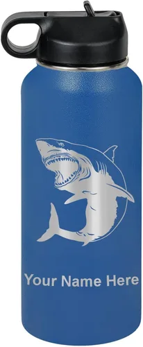Vista 50 de LaserGram Botella de agua personalizada, gran tiburón blanco, acero inoxidable de doble pared aislada al vacío con popote superior, regalo grabado