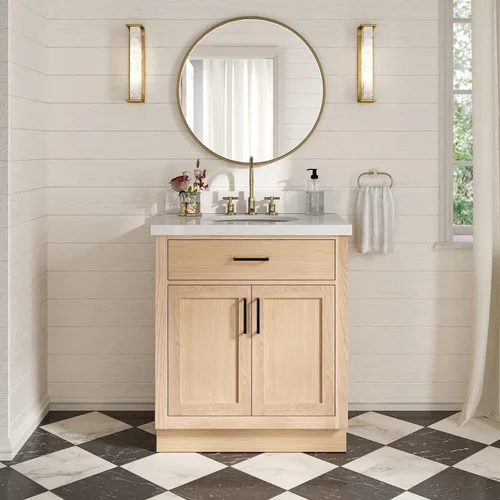 Vista 48 de ARIEL Hepburn - Tocador de baño de 30 pulgadas con fregadero, madera maciza, encimera y protector contra salpicaduras de cuarzo blanco puro de 1.5