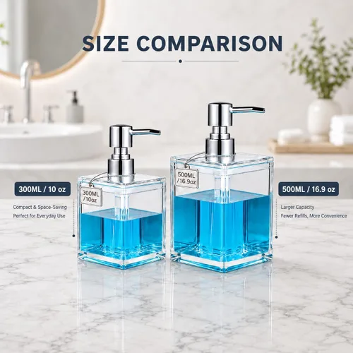 Vista 5 de LGURT Dispensador de jabón acrílico transparente cuadrado de 10.1 fl oz con bomba, dispensador de jabón de manos compacto recargable para encimera