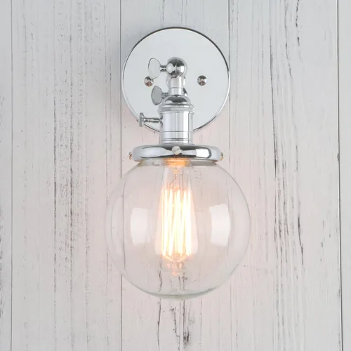 Vista 3 de PERMO Aplique de Pared Industrial Vintage con Mini Pantalla Globo Redonda de Vidrio Transparente Soplado a Mano de 5.9" (Cromado)