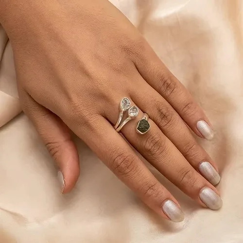 Vista 3 de CROWNJEWELRY - Anillo de joyería hecho a mano de plata esterlina 925 con moldavita checa y Herkimer 925