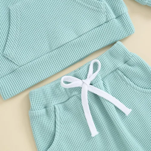 Vista 4 de KOSUSANILL Ropa deportiva de punto gofre para bebé, niña, niño, 6, 12, 18, 24 meses, 3T, cuello redondo, pantalones deportivos para otoño e invierno