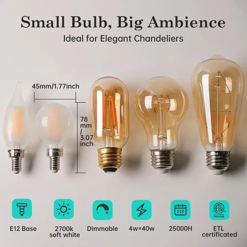 Vista 2 de AMDTU Bombillas LED de globo esmerilado E12 de 40 W, base de candelabro regulable blanco cálido de 2700 K, tecnología de confort ocular, iluminación