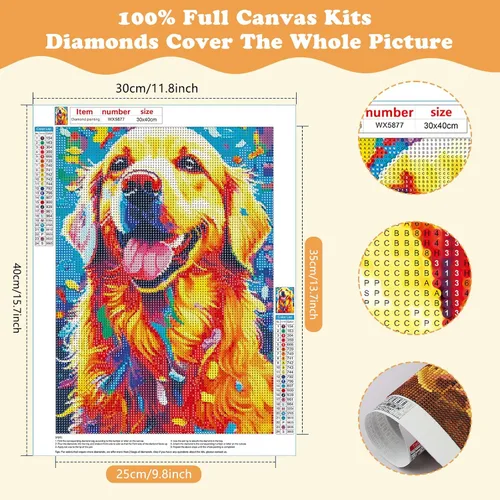 Vista 2 de SENQAO Kits de arte de diamantes para adultos, Golden Retriever - Pintura de puntos de diamante de taladro completo para principiantes, pintura