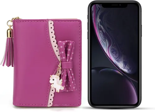 Vista 5 de UTO - Billetera para niñas de cuero vegano, lindo gato colgante, organizador de tarjetas, monedero para mujeres, Unicorn Ace Rose Pink, S