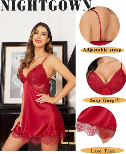 Vista 2 de Avidlove Camisón de seda para mujer, ropa de dormir sexy de encaje, sin mangas, de satén, vestido camisero