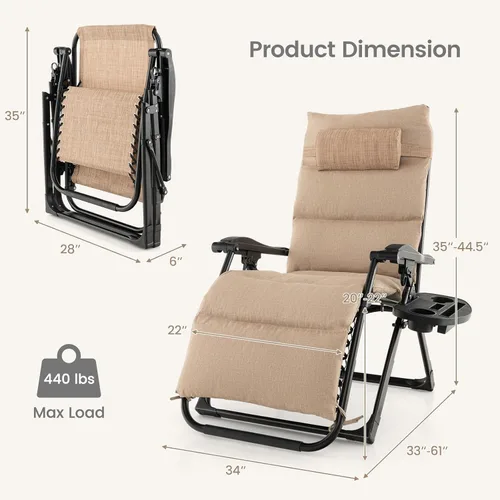 Vista 8 de Giantex Silla Zero Gravity con cojines de patio, silla reclinable plegable ajustable con almohada y soporte para tazas, sillón reclinable de césped