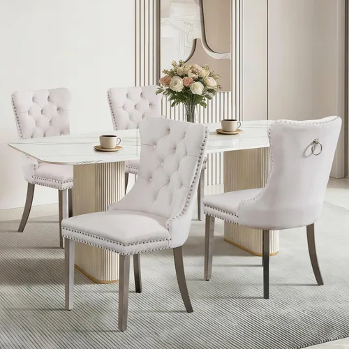 Vista 28 de Juego de 2 sillas de comedor de terciopelo con patas de madera, color beige Mid Century Modern Dining Chairs,Upholstered Chairs with Nailhead