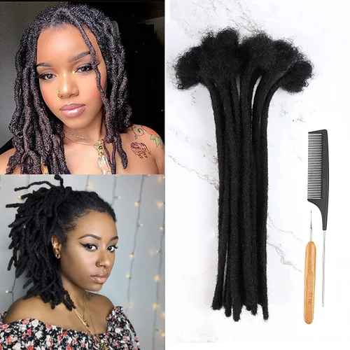 Vista 29 de Extensiones de cabello humano Loc de 0.2 cm de ancho, 4 pulgadas, 30 hebras, negro natural 100% completamente hechas a mano, extensiones