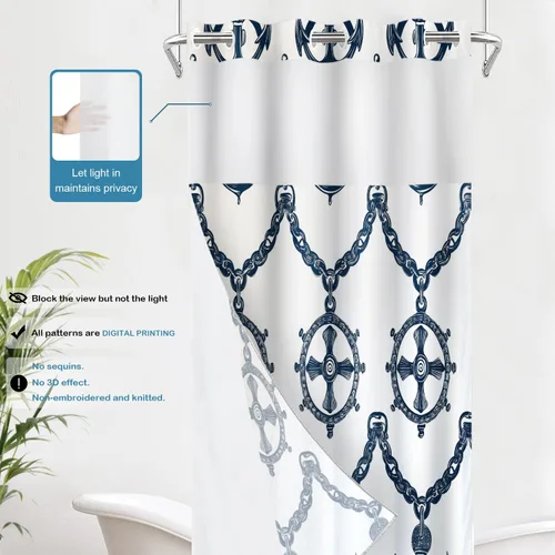 Vista 2 de Batmerry Maritime Nautical Hookless Shower Curtain with Snap in Liner Set, Anchors Ship Wheel Bath Curtain Magnetic Hem Quick-Drying Waterproof