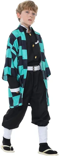 Vista 3 de Disfraz de cosplay verde de anime, kimono negro, conjunto completo de bata de Halloween, trajes de cosplay para niños, adultos, hombres y niños