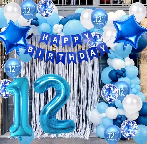 Vista 3 de Decoraciones de fiesta de cumpleaños número 12 azul para niñas, pancarta de cumpleaños número 12, globos de papel de aluminio de cumpleaños azul