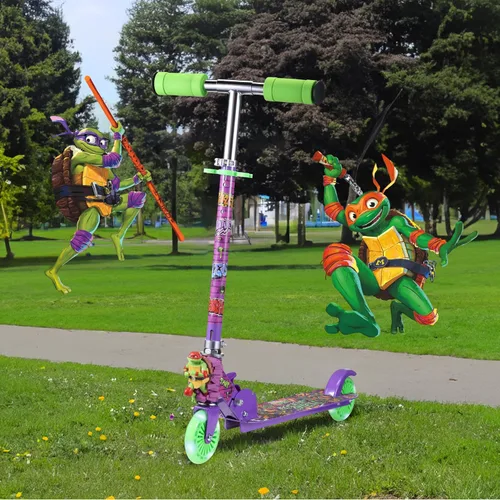 Vista 6 de Monopatín de 2 ruedas con ruedas que se iluminan – Plegable, plataforma antideslizante, cómodo y suave para andar TMNT