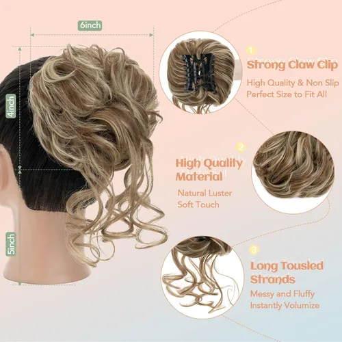 Vista 2 de S-noilite Extensiones de cabello rubio ondulado con clip de garra, extensiones de moño con clip de garra, extensiones de moño para mujer