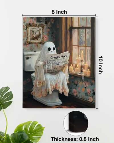 Vista 2 de QPVXSST Arte de Pared Interesante de Fantasma de Halloween para Baño, Póster Impreso en Lienzo de Estilo Gótico, Decoración de Baño con Diseño