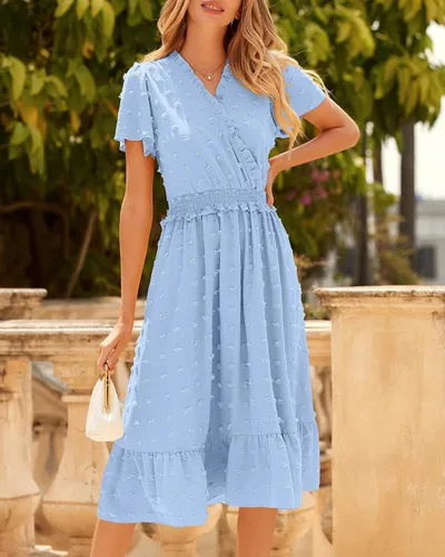 Vista 3 de BTFBM Vestidos de verano de manga corta con cuello en V y lunares suizos para mujer, vestidos largos con volantes, estilo bohemio, vestido