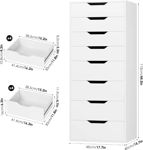 Vista 3 de FACBOTALL Cómoda blanca alta, cómoda de 8 cajones con asas ranuradas, cómodas altas blancas, cómoda moderna con gran espacio de almacenamiento